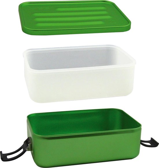 Boîte à lunch verte avec récipient intérieur blanc et couvercle vert nervuré.
