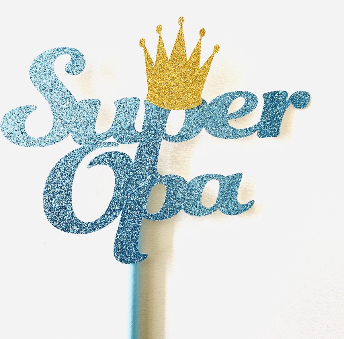 Taartdecoratie versiering| Taarttopper| Vaderdag| Super Opa| Blauw glitters|14 cm| karton