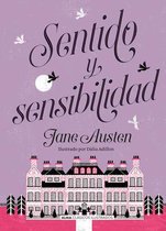Boek kaft van 'Sentido y sensibilidad' van Jane Austen, met een paleis en vogels op een paarse achtergrond.