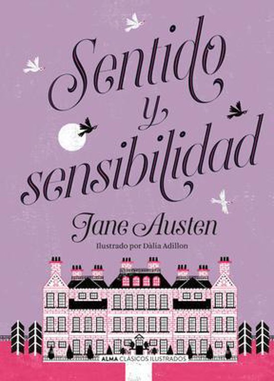 Boek kaft van 'Sentido y sensibilidad' van Jane Austen, met een paleis en vogels op een paarse achtergrond.