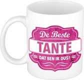 De beste tante cadeau koffiemok / theebeker wit met roze embleem - 300 ml - keramiek - cadeaumok / verjaardagsbeker