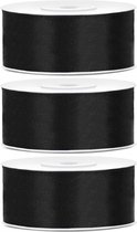 3x Hobby/decoratie zwarte satijnen sierlinten 2,5 cm/25 mm x 25 meter - Cadeaulinten satijnlinten/ribbons - Zwarte linten - Hobbymateriaal benodigdheden - Verpakkingsmaterialen