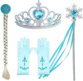 Ensemble d'accessoires 4 pièces Frozen Princess Elsa - Baguette magique avec ruban bleu - Kroon - Gants courts bleus - Elsa Braid avec clip