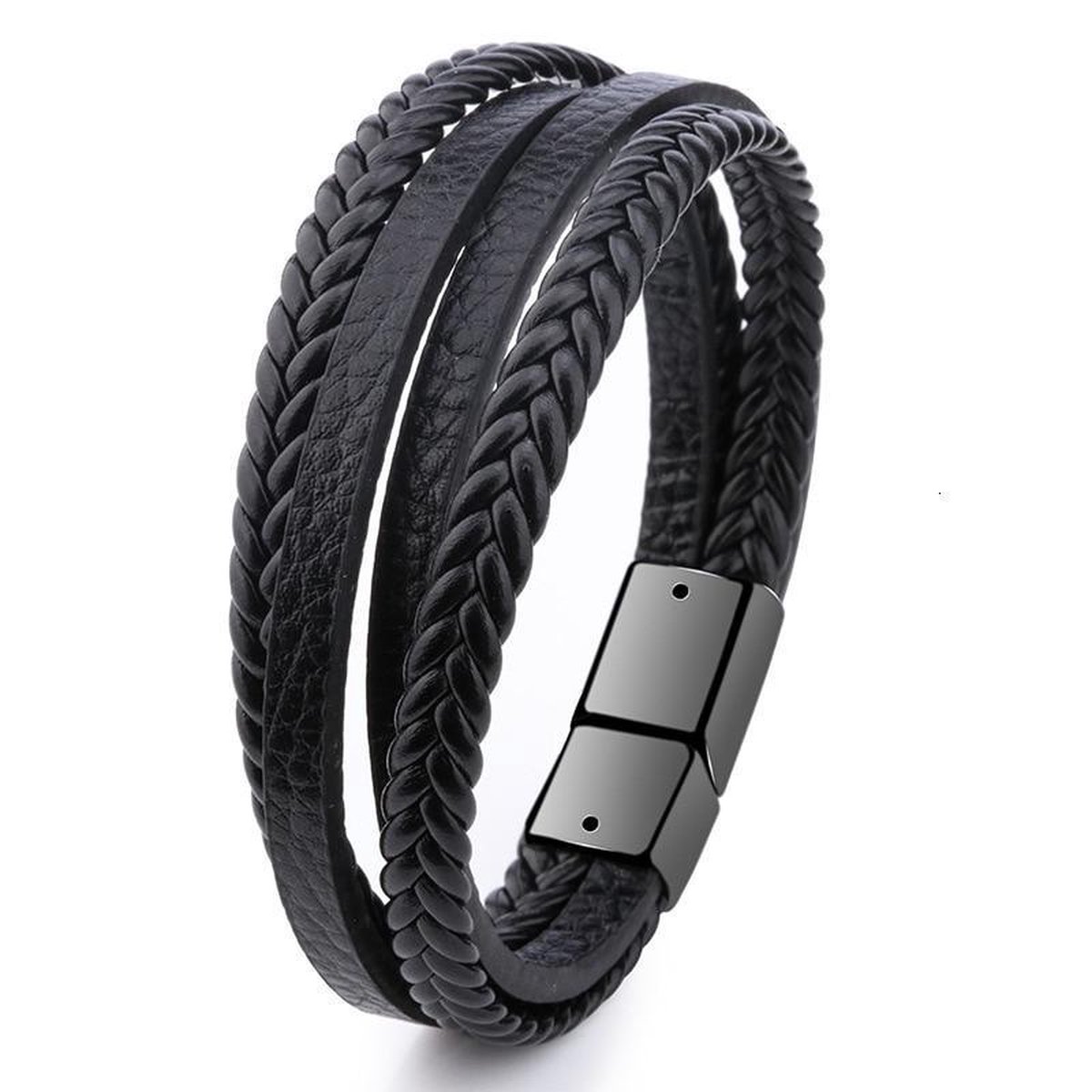 Stoere Heren Armband Leer - Dubbele Vlecht - Zwart met Zwarte Sluiting - Armbanden - Cadeau voor Man - Merkloos