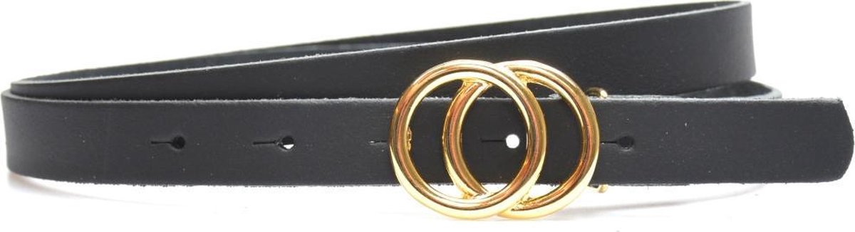 Take-it 2 cm zwarte dames riem met dubbele ringen gesp - smalle riem - zwart - 100% leer - gouden ringen - Maat 105 - Totale lengte riem 120 cm