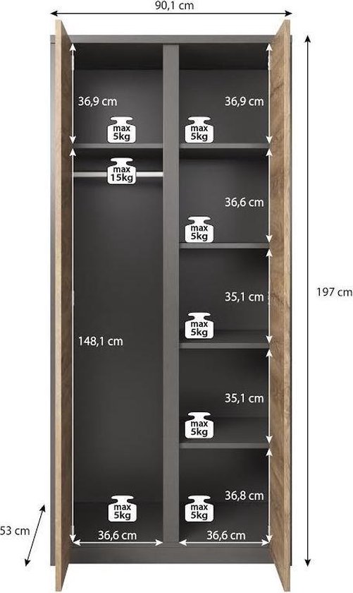 Meubella - Kledingkast Monaco - Eiken - Grijs - 90 cm