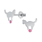Joy|S - Zilveren kat poes oorbellen roze kristal