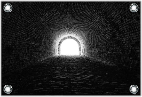 Tuinposter -Donkere Tunnel (zwart/wit)- Foto op Tuinposter (wanddecoratie voor buiten en binnen)