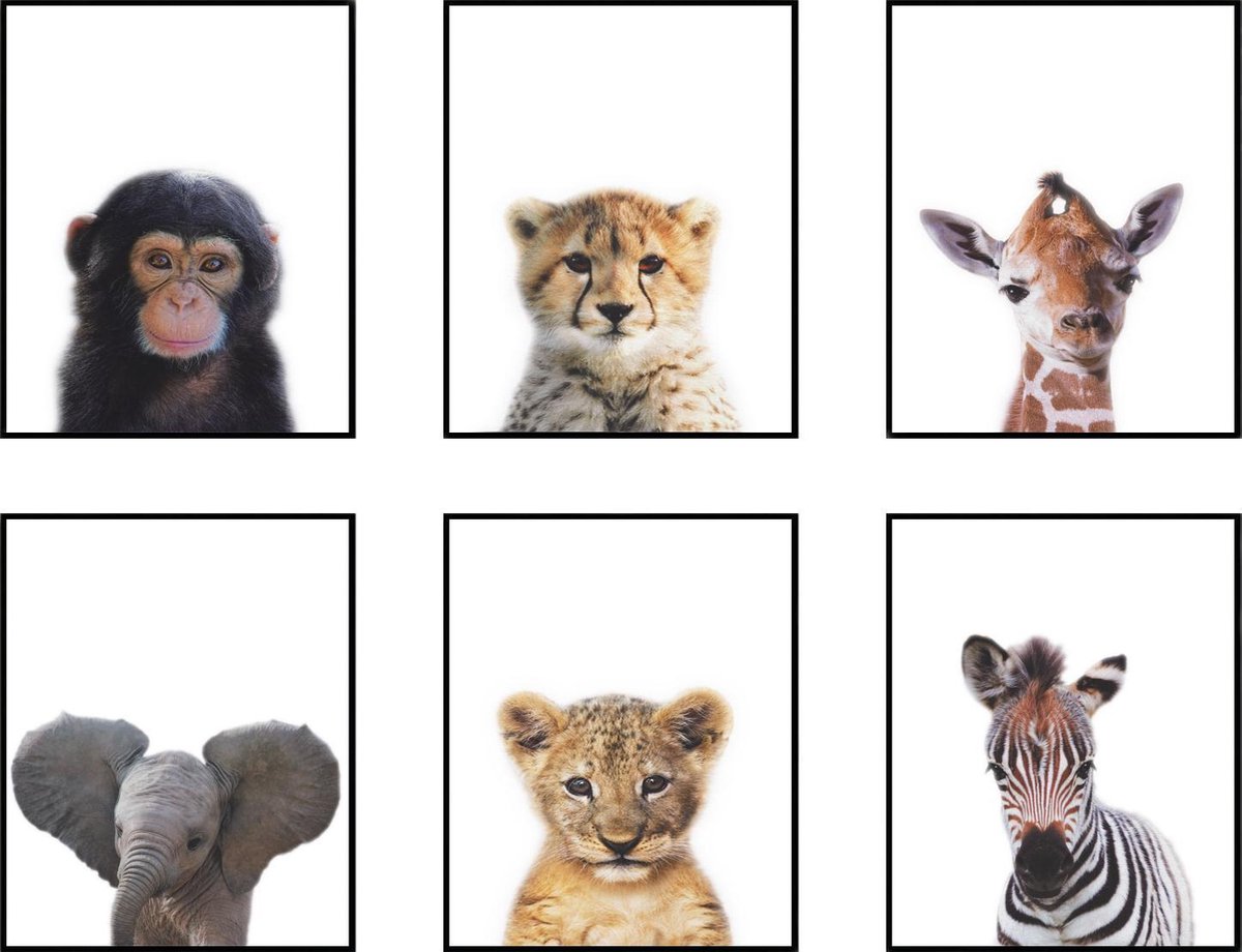 Postercity - Design Canvas Poster Jungle Set Baby Aapje, Zebra, Giraffe, Olifant, Cheeta en Tijger / Kinderkamer / Dieren Poster / Babykamer - Kinderposter / Babyshower Cadeau / Muurdecoratie / 30 x 21cm / A4 - Postercity.nl
