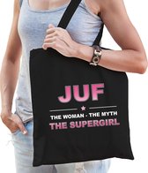 Juf the woman the myth the legend katoenen tas voor dames - zwart - verjaardag - cadeau tas voor een lerares / leerkracht / juffrouw