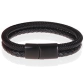 Heren armband Tom Jaxon Gevlochten Leer en Staal Zwart-21cm