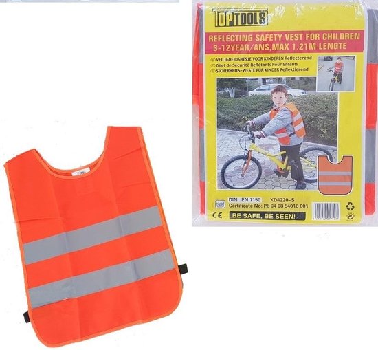 Oranje veiligheidshesje voor kinderen met reflecterende banden. "BE SAFE, BE SEEN!"