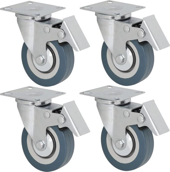 Set van 4, BoYeeBo industriële afsluitbare schroefstang 360 ° rotatie niet-markerend 3 zwenkwiel met rem voor trolley, karren, meubels, Dolly, Workben (M12
