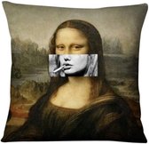 Kussenhoes Angelina Jolie en Mona Lisa collage. Stoere kussenhoes. Leuke cadeu kussenhoes 45x45