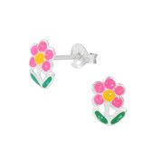 Joy|S - Zilveren bloem oorbellen "Flower" glitter roze