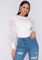 Sheer Dobby Puffed Sleeve Rib Knit Top - Dames - Wit