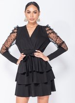 Polka Dot Mesh Sleeve Wrap - Tiered Detail Mini Dress - Dames - Zwart