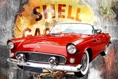 JJ-Art (Glas) | Klassieke auto, rode Ford Thunderbird cabriolet met Shell reclamebord | oldtimer, vintage, Fine Art | Foto-schilderij-glasschilderij-acrylglas-acrylaat-wanddecorati