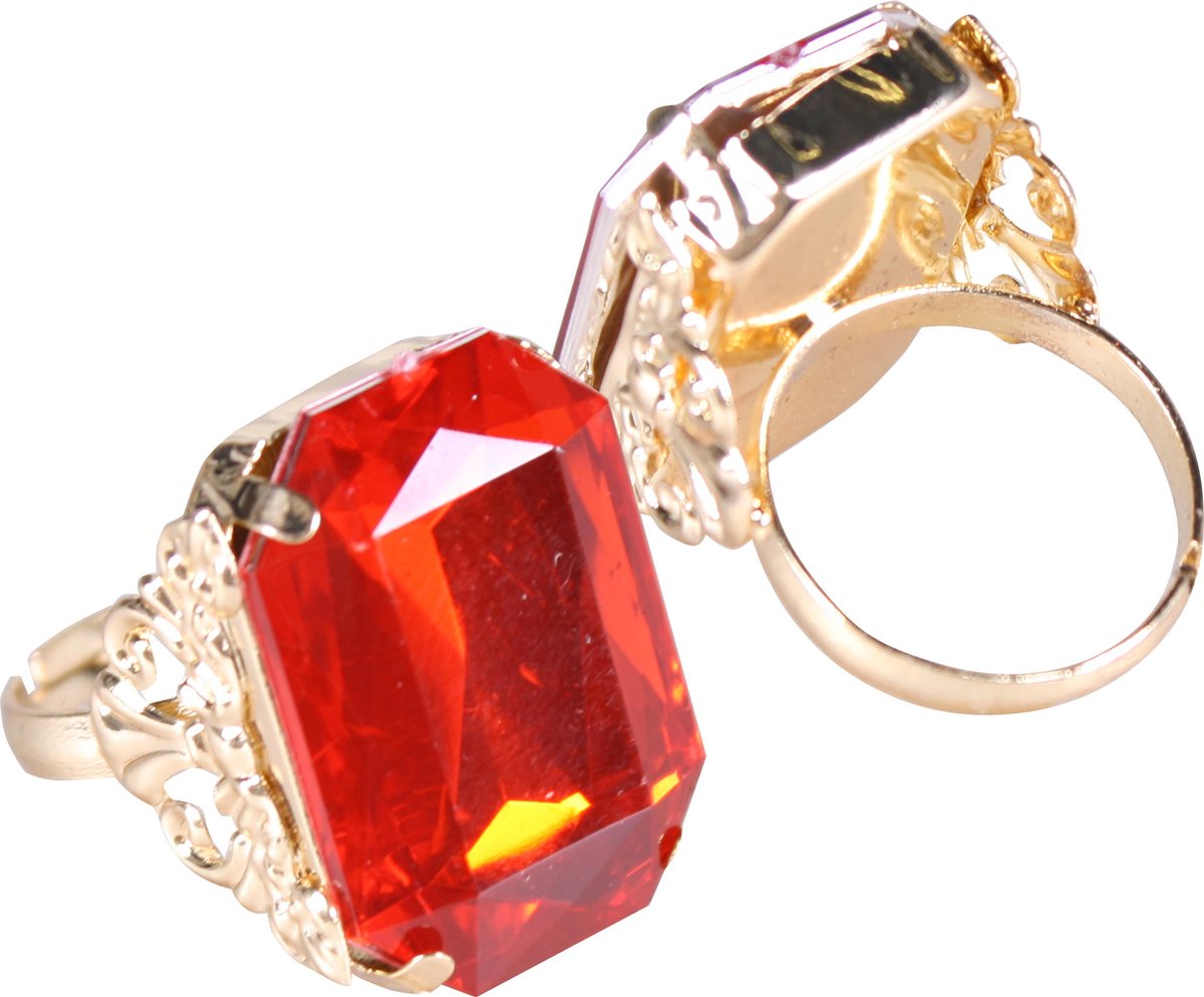 Luxe Sinterklaasring met rechthoekige rode steen en gouden details, maat one size