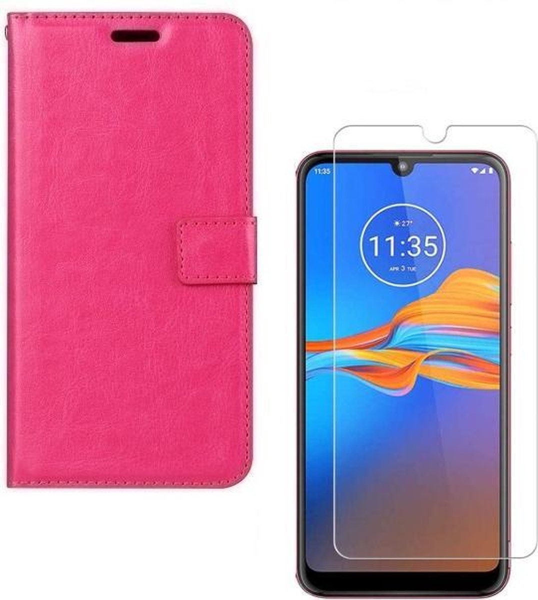 Geschikt voor: Motorola Moto E6S Portemonnee roze met 2 stuks Glas Screen protector