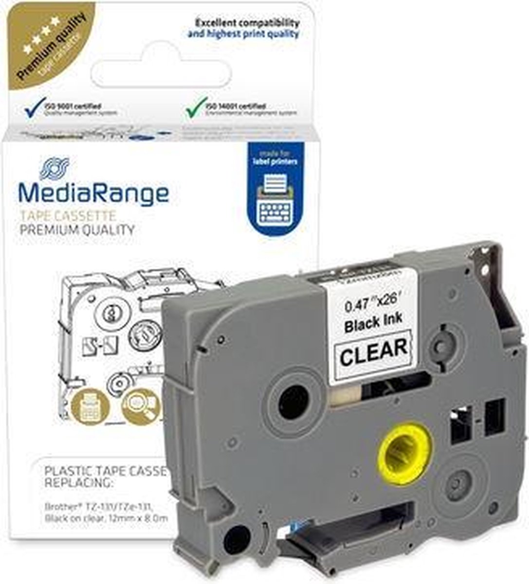 MediaRange - Brother compatible labels TZ-131/ TZe-131 - 12mm x 8m - Zwart op transparant