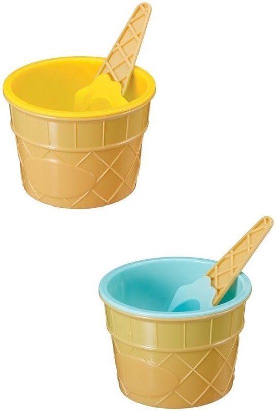 4x pièces Coupes à glace colorées jaune / bleu avec cuillère 7 cm