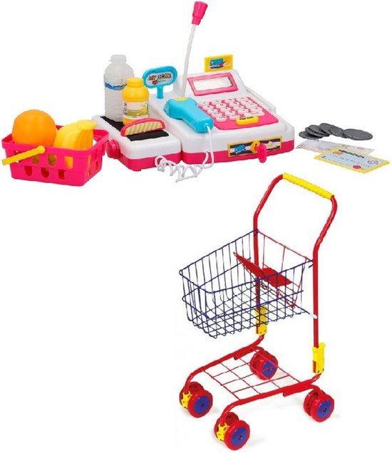 Roman graan Stoutmoedig Speelgoed kassa met accessoires en winkelwagen - Supermarkt speelset -  Winkeltje... | bol.com
