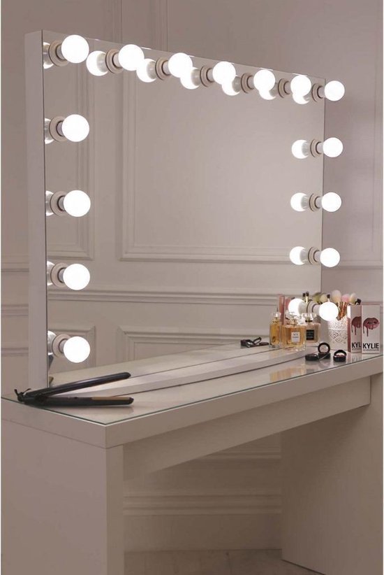Bright Beauty Vanity hollywood make up spiegel met verlichting - 80 x 60 cm - dimbaar - zonder rand - wit - hoogwaardig gespoten MDF - Bright Beauty Vanity