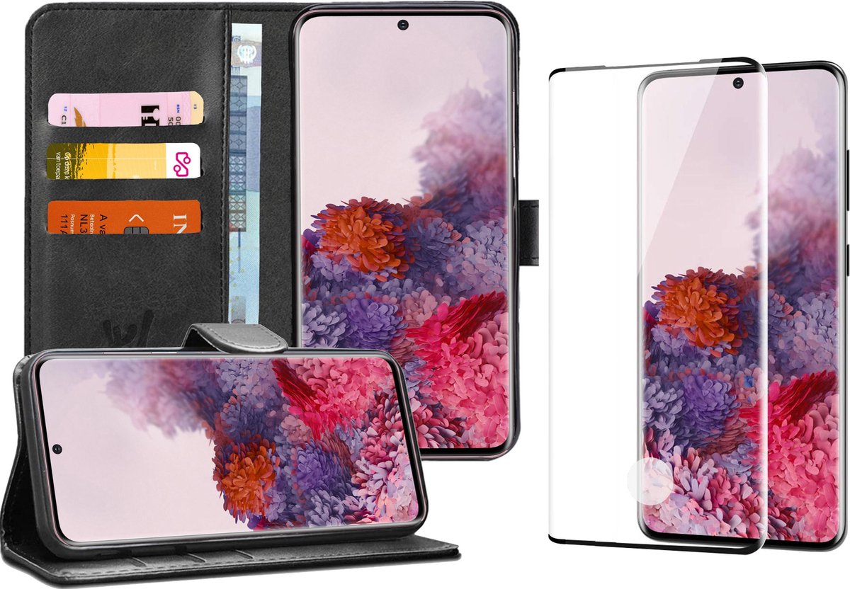 Hoesje geschikt voor Samsung Galaxy S20 - Screen Protector FullGuard - Book Case Kunstleer Pasjeshouder Zwart & Screenprotector op Prijzenvolger.com