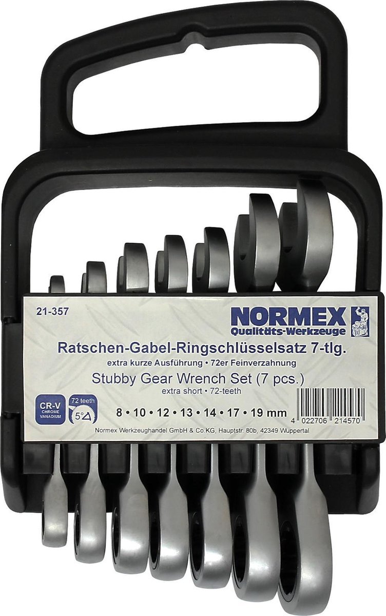 Ring-ratel - steek sleutelset - 7 delig - 8 t/m 19 mm - Extra korte sleutels - Normex