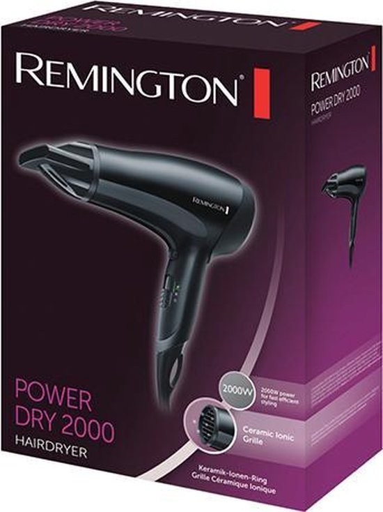 Doos van de Remington Power Dry 2000 föhn, met een afbeelding van de föhn en informatie over 2000W en keramische ionen grille.