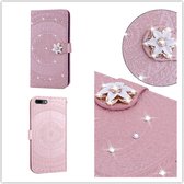 Voor iPhone XR Pressed Printing Sticking Drill Pattern Horizontal Flip PU Leather Case with Holder & Card Slots & Wallet & & Lanyard (Pink)
