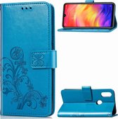 Lucky Clover geperste bloemenpatroon lederen tas voor Geschikt voor Xiaomi Redmi Note 7, met houder & kaartsleuven & portemonnee en handriem (blauw)