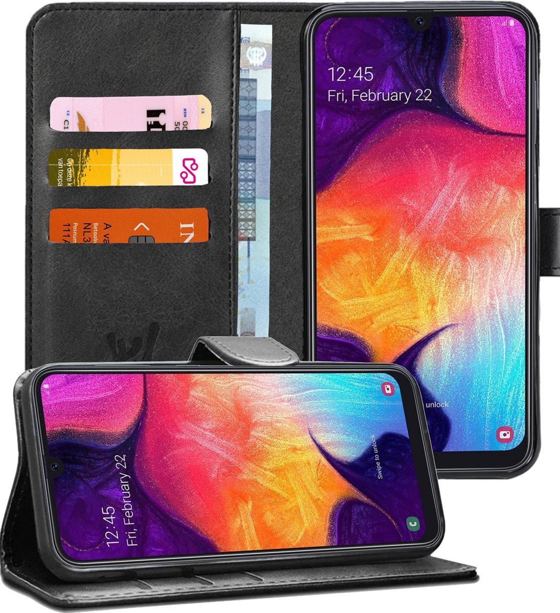 Hoesje geschikt voor Samsung Galaxy A50 - Book Case Kunstleer Pasjeshouder Zwart