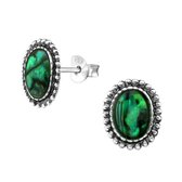 Joy|S - Zilveren ovaal oorbellen 9 x 11 mm geoxideerd abalone green/ groen