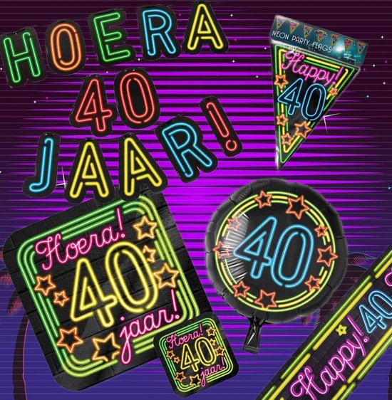 Feestpakket 40e Verjaardag Neon - Happy Birthday Pakket Neon - Verjaardag Versiering - Happy Birthday Slinger - Verjaardag decoratie - Ballonnen - Jongen / Meisje / Volwassenen - Afzetlint - Feest versiering - Feest decoratie - Neon Happy Birthday