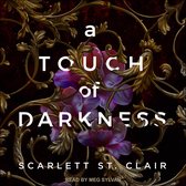 Boekomslag met de titel 'A Touch of Darkness' in witte letters, met opvallende paarse bloemen en gouden ornamenten op een donkere achtergrond.