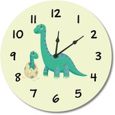 Kinderklok Dino/Dinosaurus geel | STIL UURWERK | dieren wandklok van hout voor kinderkamer en babykamer | decoratie accessoires | jongens en meisjes slaapkamer