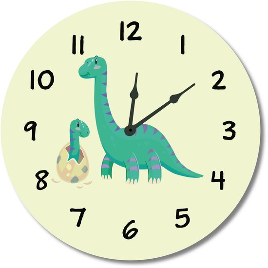 Kinderklok Dino/Dinosaurus geel | STIL UURWERK | dieren wandklok van hout voor kinderkamer en babykamer | decoratie accessoires | jongens en meisjes slaapkamer
