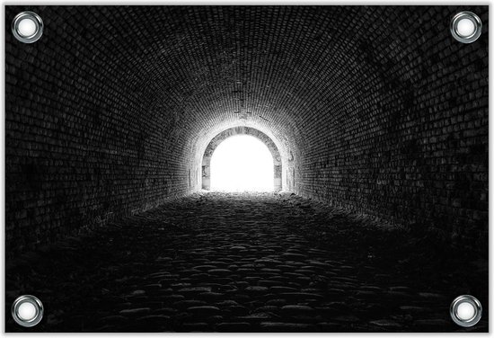 Tuinposter –Donkere Tunnel (zwart/wit)– 40x30 Foto op Tuinposter (wanddecoratie voor buiten en binnen)