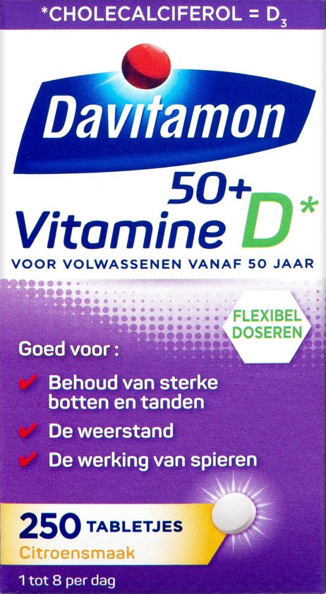 Davitamon Vitamine D 50+, 250 tabletjes met citroensmaak.