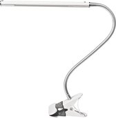 LED Tafellamp Zilver met een flexibele arm op tafelklem.
