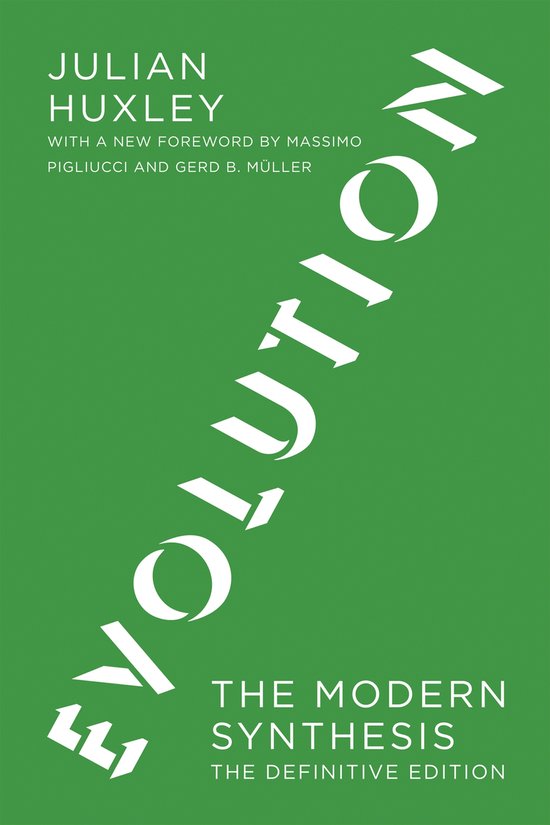 Boek 'Evolution The Modern Synthesis' van Julian Huxley. Titel in witte letters op groene achtergrond.