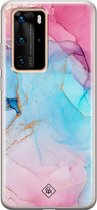 Huawei P40 Pro hoesje siliconen - Marmer blauw roze | Huawei P40 Pro case | Bruin/beige | TPU backcover transparant