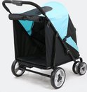 Zijaanzicht van een zwarte hondenbuggy met lichtblauwe accenten en een open ruimte aan de voorkant.