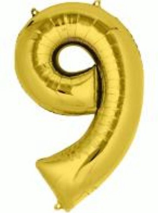 Folie ballon XL cijfer 9 goud kleur is + - 1 meter groot  groot  inclusief een flamingo sleutelhanger