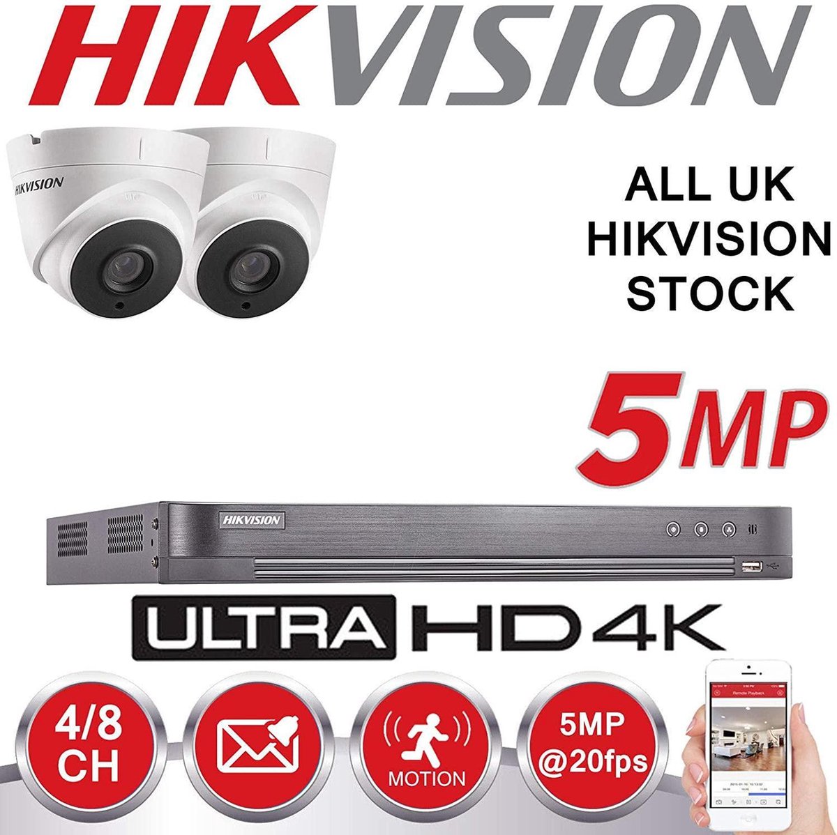 HIKVISION bewakingscamera set, 5 MP, 4K, UHD, DVR, 4-kanaals, HD, voor buitengebruik, woningbeveiliging - 1TB HDD
