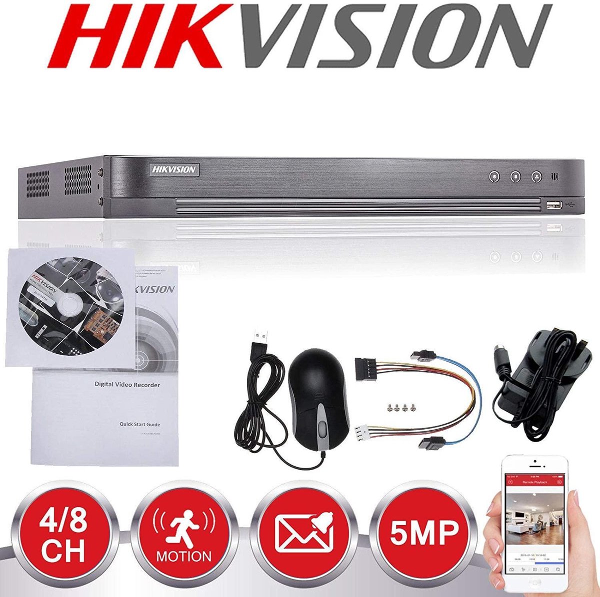 HIKVISION bewakingscamera set, 5 MP, 4 K, UHD, DVR, 4 kanalen, HD, 2 TB HDD