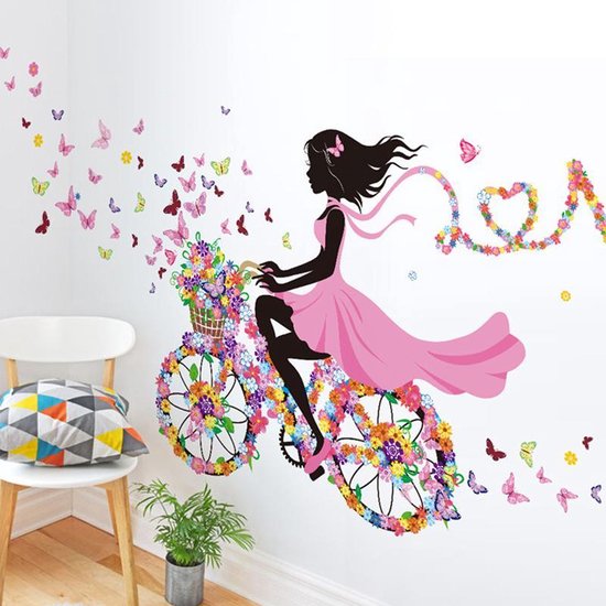 Muursticker Meisje op Fiets | Love | Wanddecoratie | Muurdecoratie | Slaapkamer | Kinderkamer | Babykamer | Meisje | Decoratie Sticker