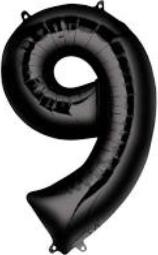Folie ballon XL cijfer 9 zwart kleur is 58 x 86 cm groot inclusief een flamingo sleutelhanger